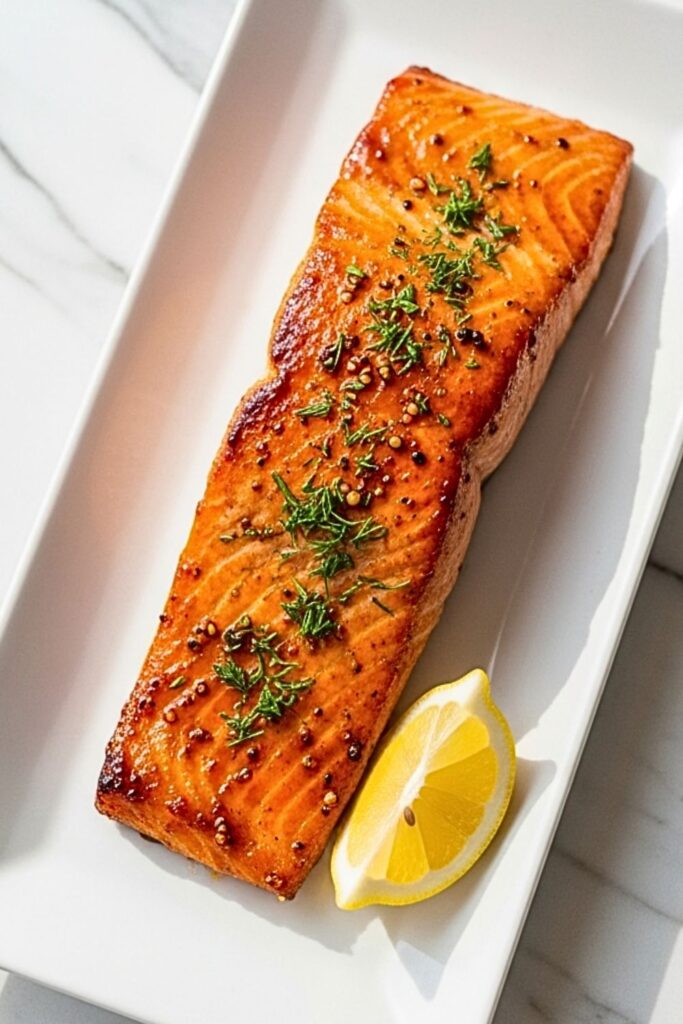 glazed salmon fillet on a white rectangular plate on a clean white marbled table.