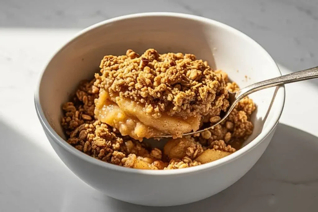 A close-up of dairy-free apple crisp served in a white ceramic bowl