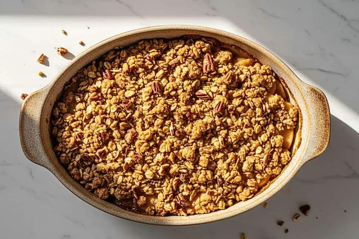 A dairy-free apple crisp in a rustic ceramic baking dish