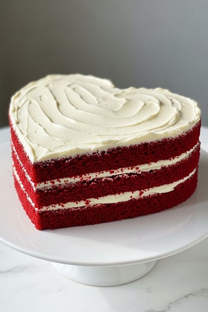 heart-shaped red velvet cake on a white ceramic cake stand