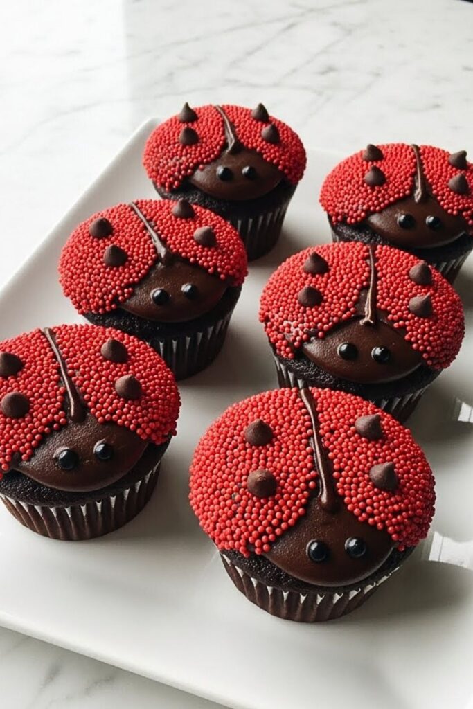 six Love Bug chocolate cupcakes arranged on a white ceramic serving plate