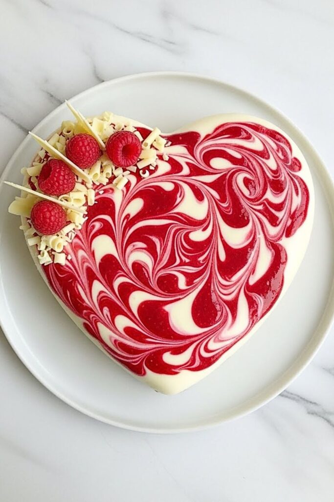 heart-shaped white chocolate mousse cake on a white cake plate