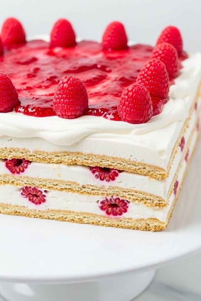 no-bake raspberry icebox cake on a white ceramic cake stand