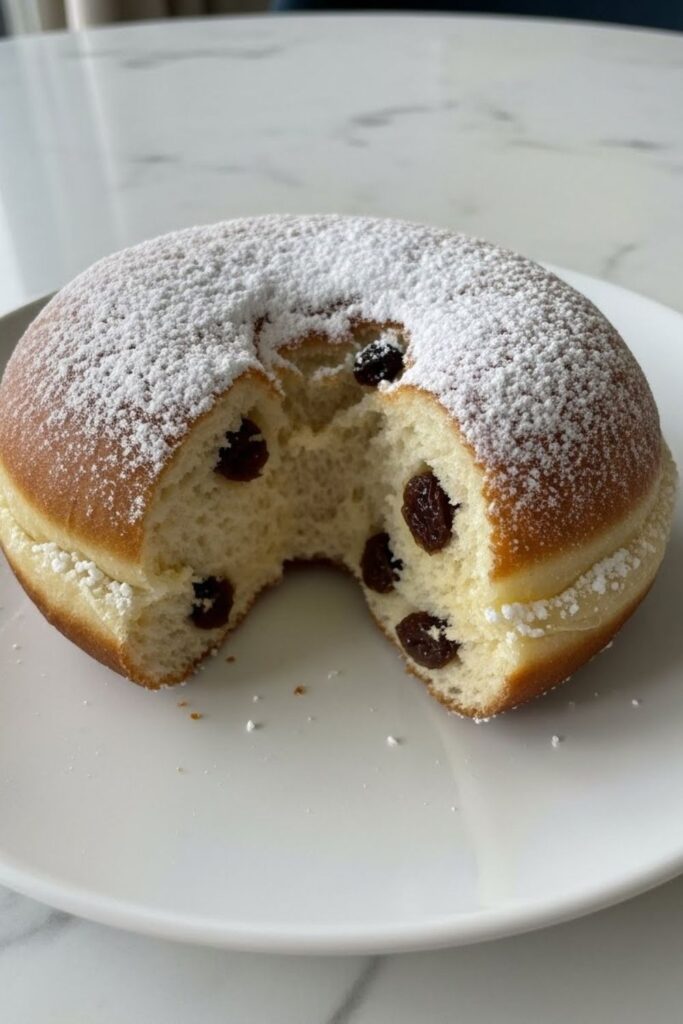 A Dutch oliebollen torn open to reveal fluffy interior with raisins, one of the most beloved classic European winter desserts