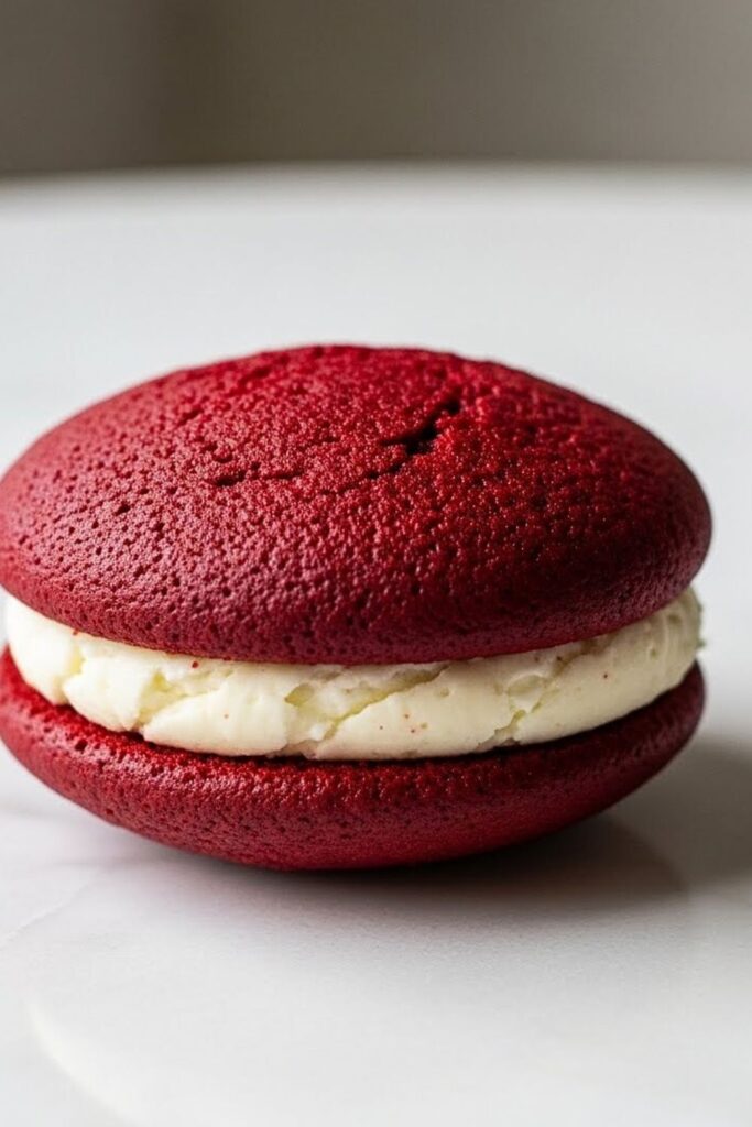 single red velvet whoopie pie on white marble table