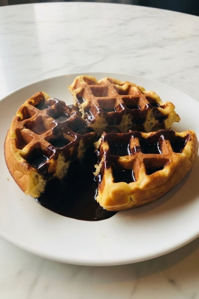 Belgian waffle cut into quarters with chocolate sauce pooling around, showcasing crispy classic European winter desserts perfect for breakfast