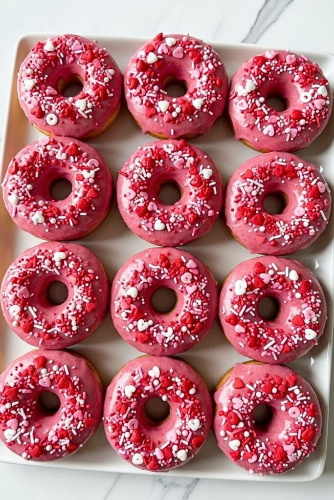 strawberry glazed donuts arranged on a white ceramic serving plate