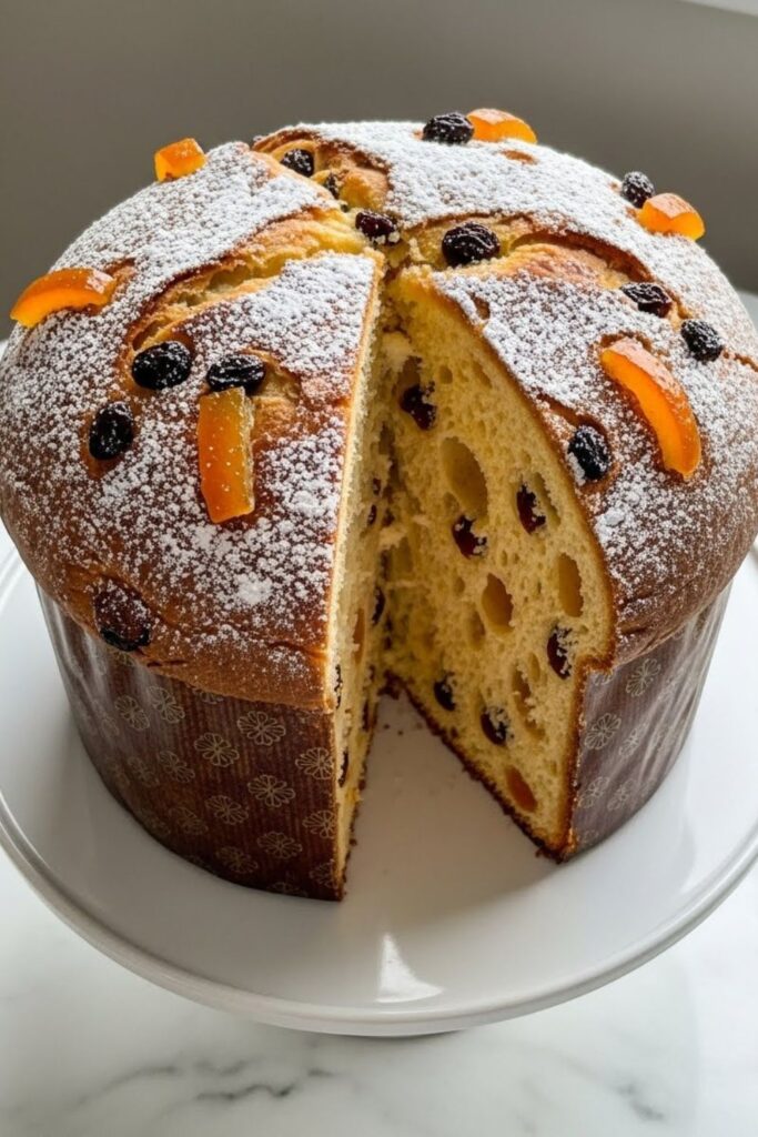 Tall Italian panettone bread studded with candied fruit and raisins on a cake stand, a traditional classic European winter dessert
