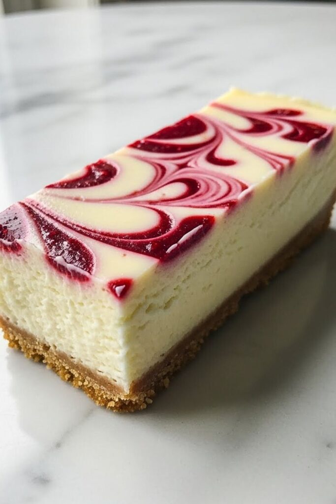 single white chocolate raspberry cheesecake bar on white marble table