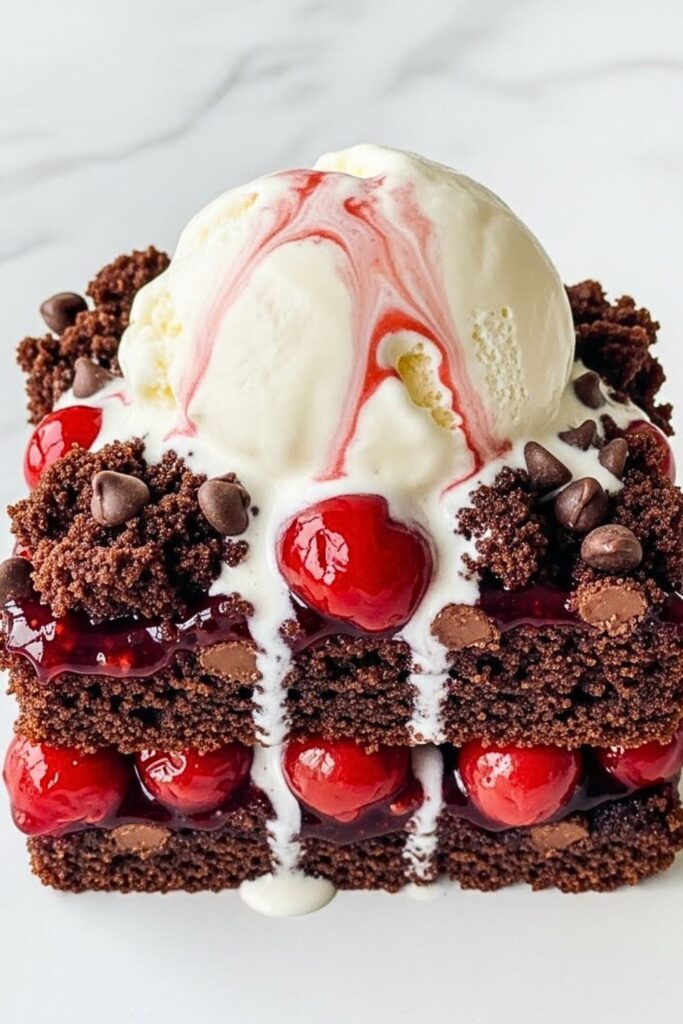 single serving of chocolate-covered cherry dump cake on white marble table
