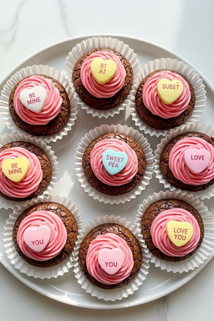 conversation heart brownie bites arranged on a white ceramic serving plate
