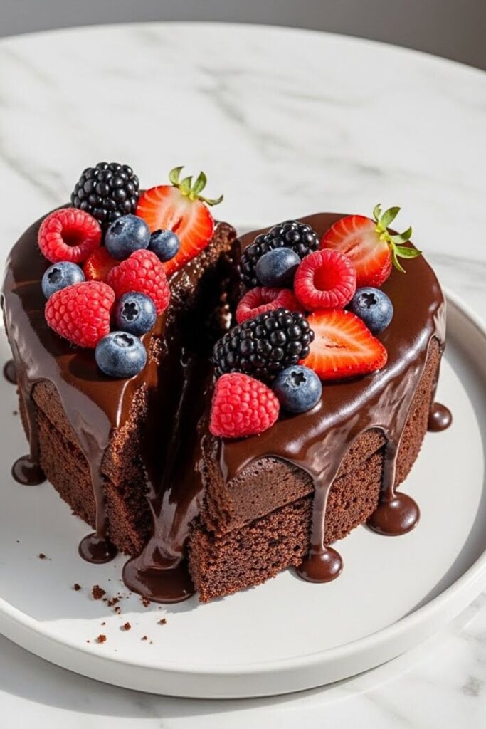 chocolate broken heart cake on a white ceramic plate