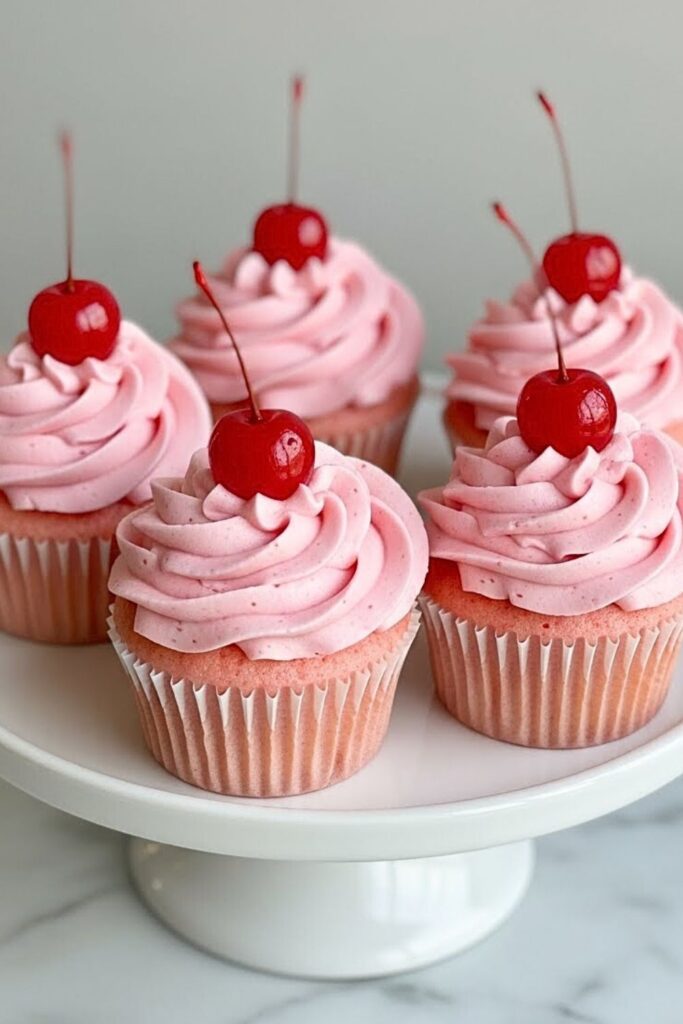 five pink maraschino cherry cupcakes on a white ceramic cake stand