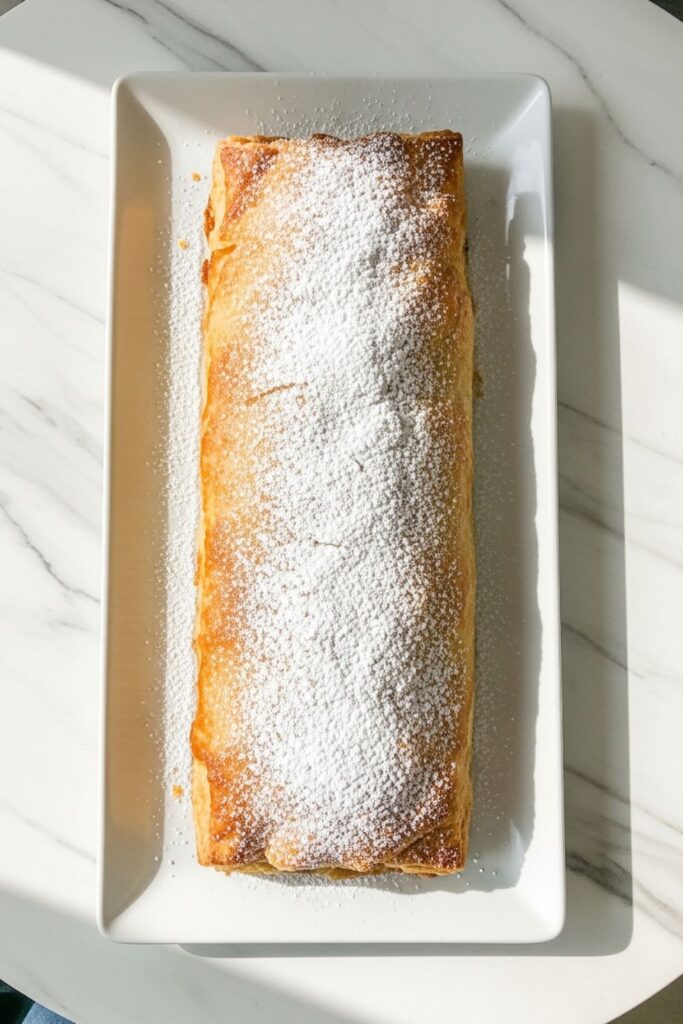 Golden Austrian apple strudel dusted with powdered sugar on a white platter, a beloved classic European winter dessert with flaky pastry