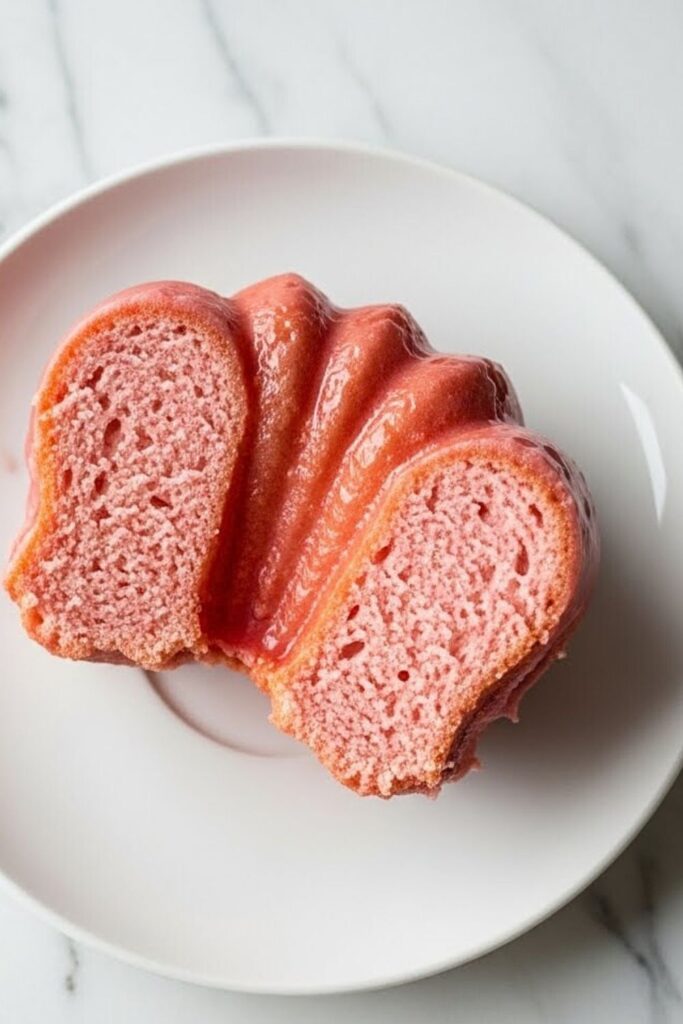 single slice of pink champagne Bundt cake on a white porcelain plate