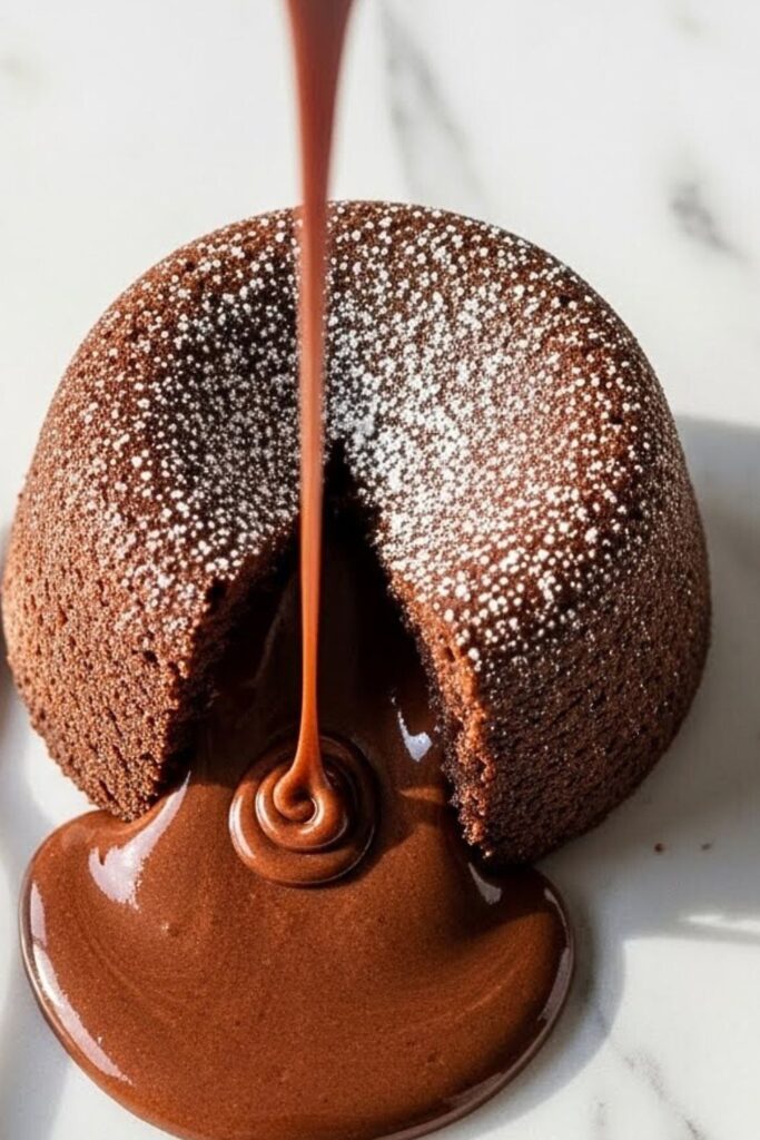 chocolate lava cake cut open on white marble table