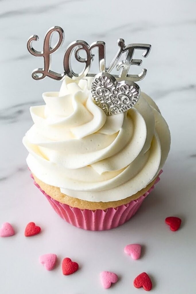single vanilla cupcake on white marble table, pink cupcake liner, swirled white buttercream frosting, single decorative LOVE topper