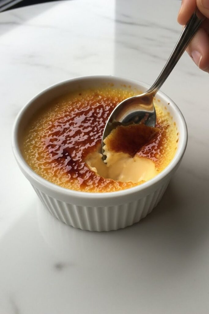 A spoon cracking through the caramelized top of French crème brûlée, one of the most elegant classic European winter desserts