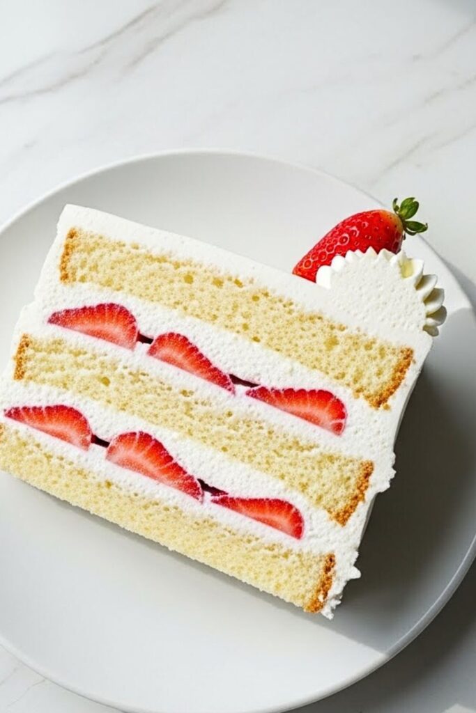 single slice of strawberry cream layer cake on a white plate