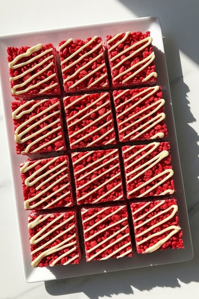 red velvet Rice Krispie treats cut into squares on a white marble table