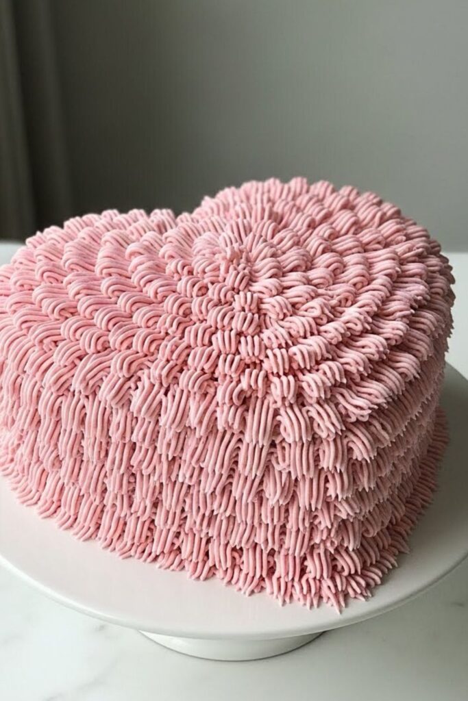 heart-shaped shag cake on a white ceramic cake stand