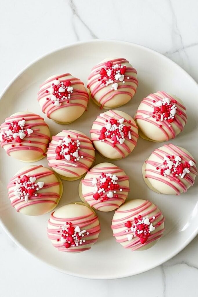 Oreo truffles arranged on a white ceramic serving plate