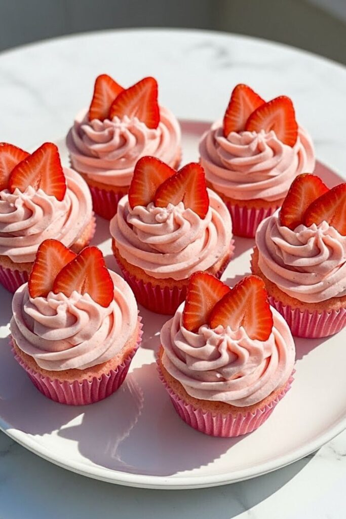 strawberry milkshake cupcakes on white ceramic serving plate