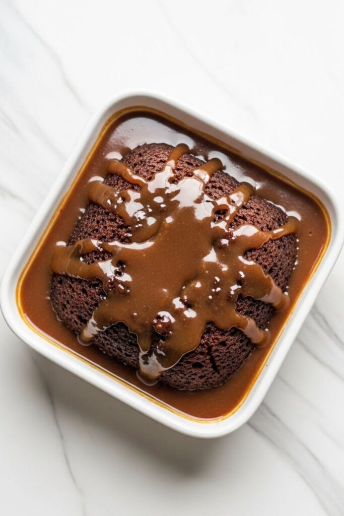 British sticky toffee pudding with glossy toffee sauce in a white baking dish, representing comforting classic European winter desserts