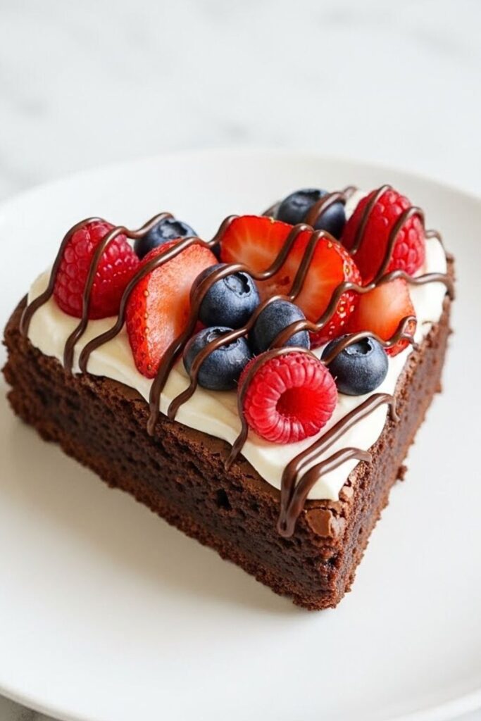 heart-shaped brownie pizza on a white ceramic pizza plate