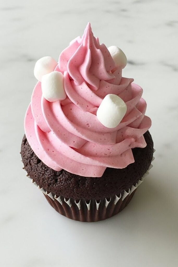 single dark chocolate cupcake on white marble table