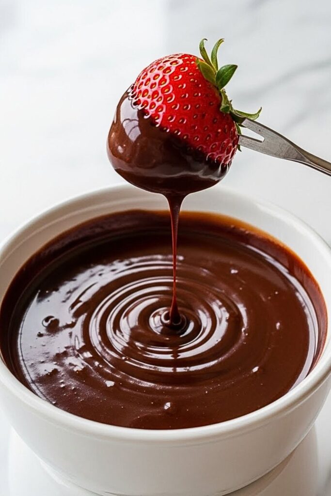 A strawberry being dipped into melted Swiss chocolate fondue, showcasing classic European winter desserts perfect for sharing