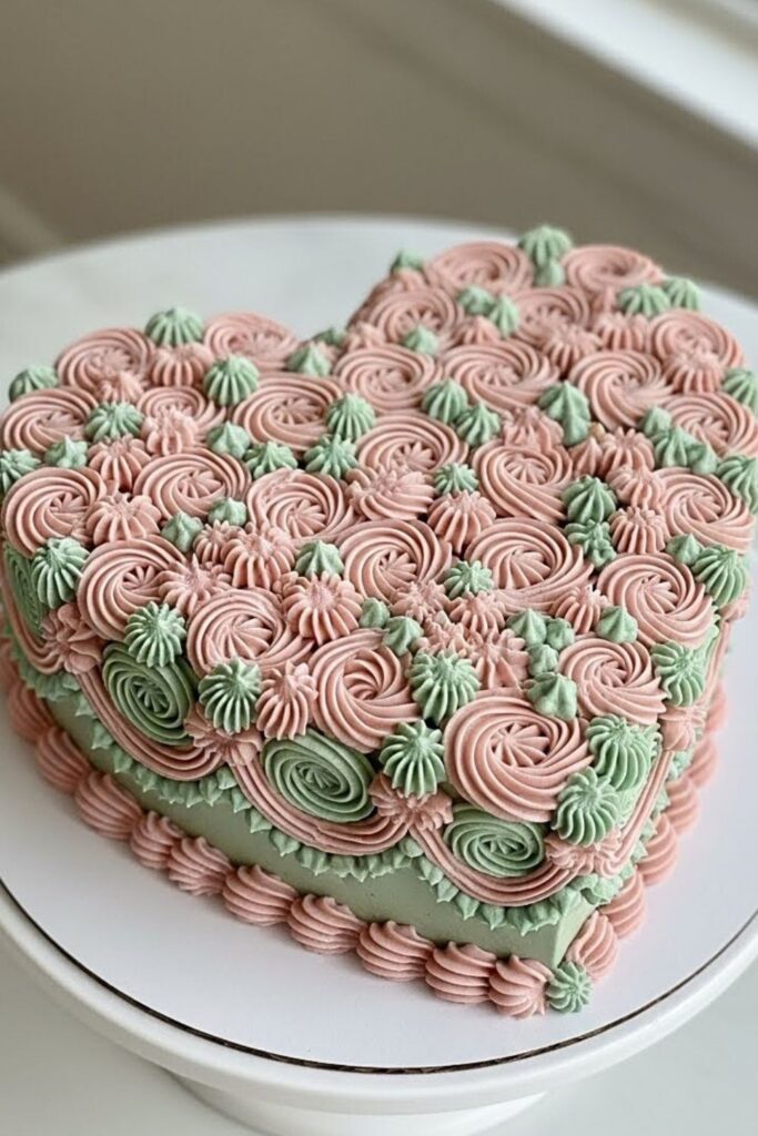 heart-shaped Lambeth piped cake on a white cake stand