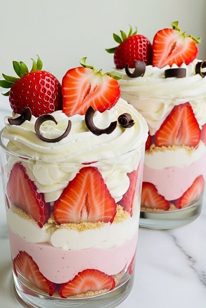 strawberry pudding parfaits in clear glass cups on white marble table