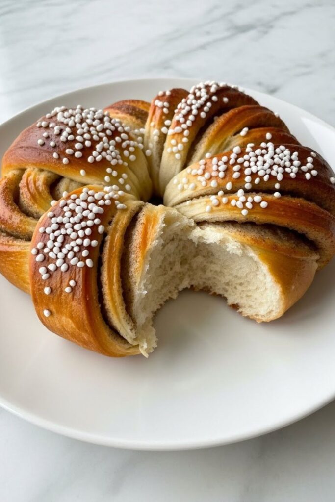 A Swedish cardamom bun torn open to show the soft interior, one of the most fragrant classic European winter desserts