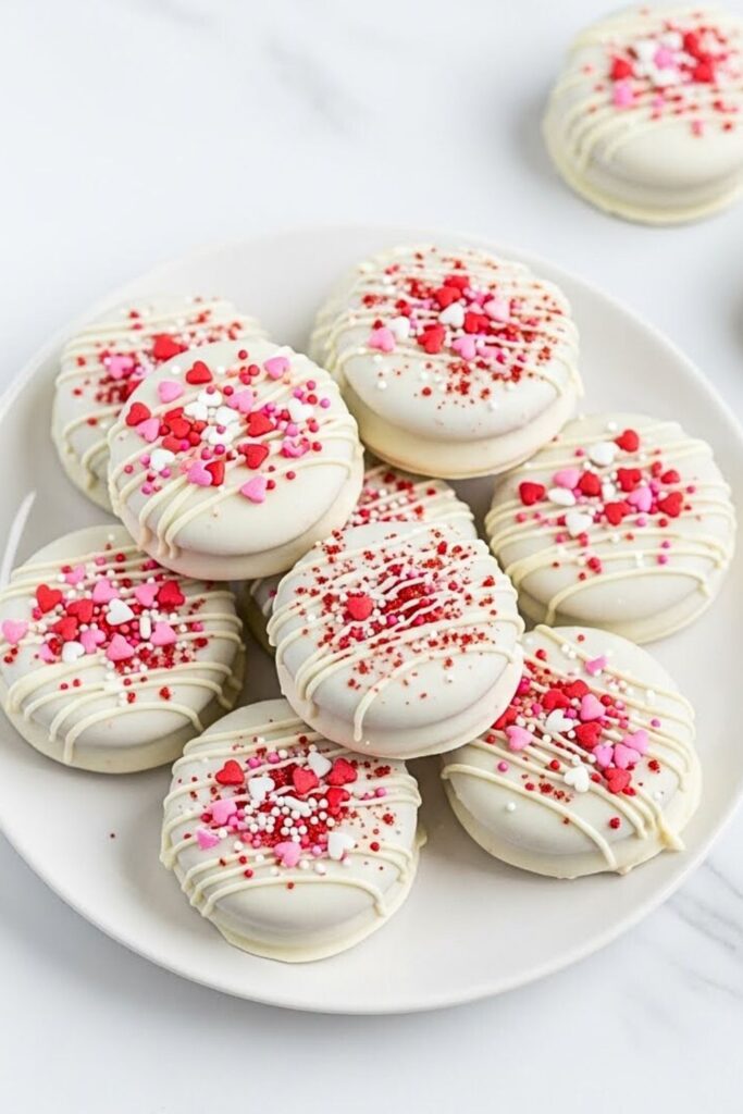 White Chocolate Dipped Red Velvet Oreos