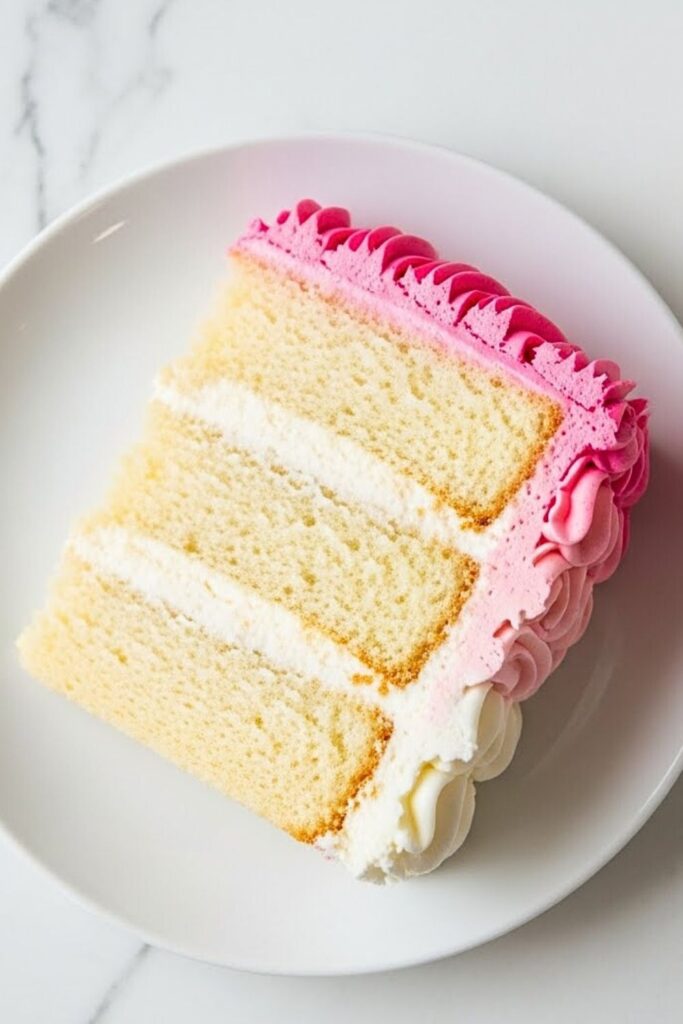 single slice of ombré petal cake on a white plate