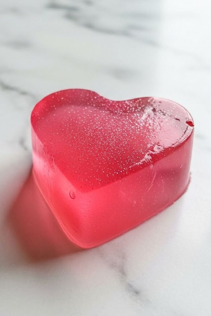 single heart-shaped pink champagne jello jiggler on white marble table