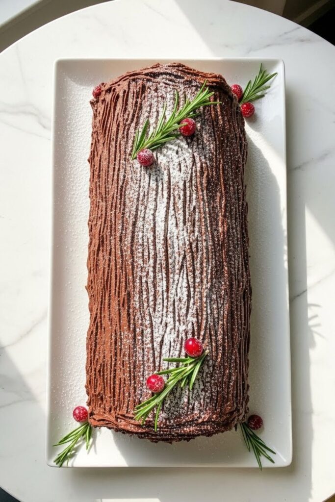 French Yule log cake decorated with chocolate buttercream bark texture and powdered sugar, a festive classic European winter dessert