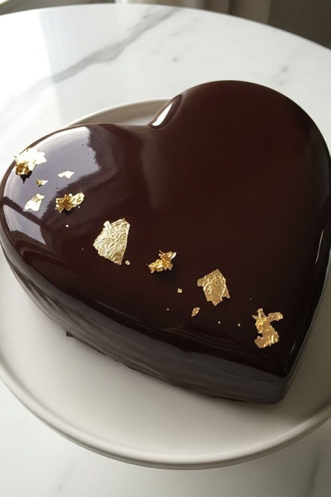 heart-shaped dark chocolate cake on a white ceramic cake stand