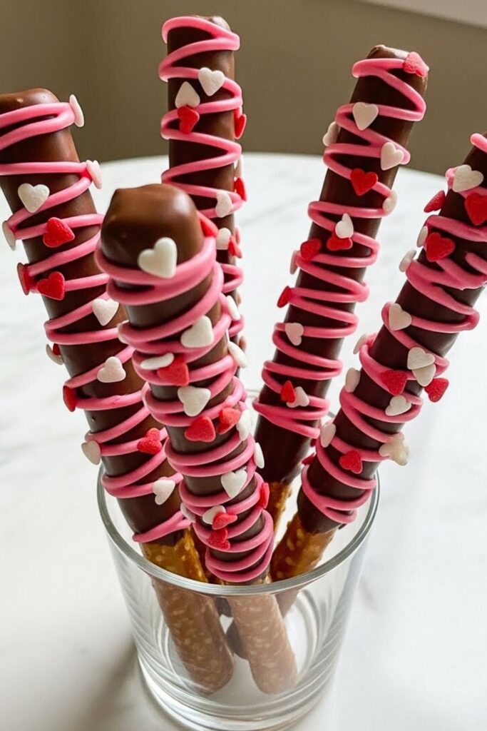 chocolate-dipped pretzel rods standing upright in a clear glass on white marble table