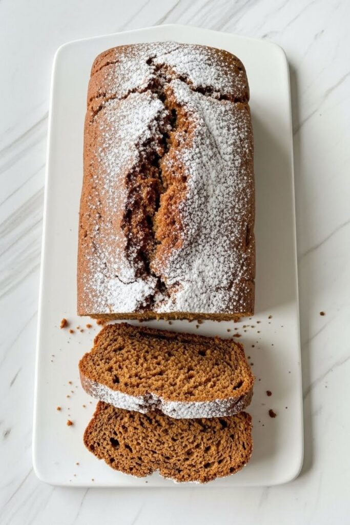 Polish piernik gingerbread loaf with dense spiced texture on a white board, one of the most aromatic classic European winter desserts