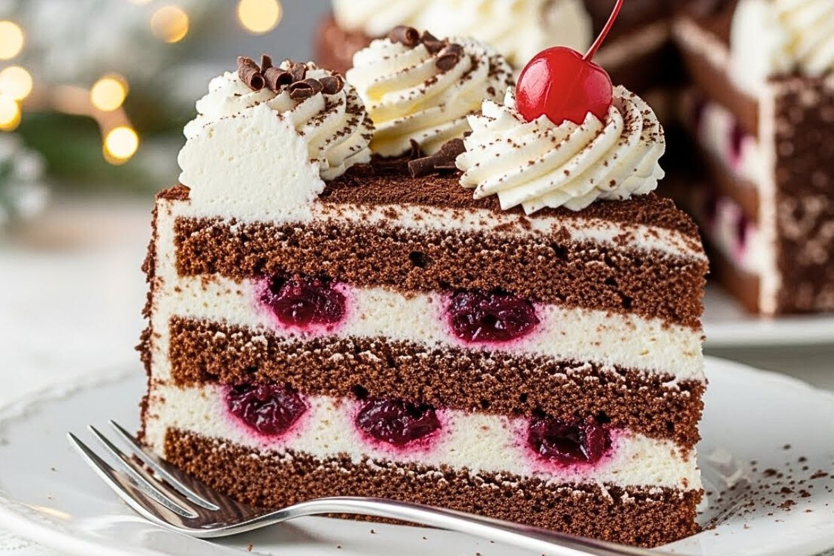 A slice of German Black Forest Cake showing chocolate layers and cream filling, one of the classic European winter desserts perfect for holiday celebrations