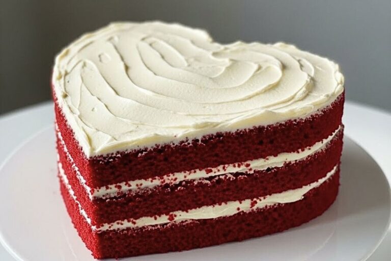 Heart-Shaped Cake Ideas - heart-shaped red velvet cake on a white ceramic cake stand