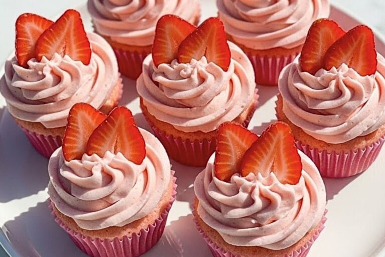 Valentine Cupcakes for Beginners - strawberry milkshake cupcakes on white ceramic serving plate