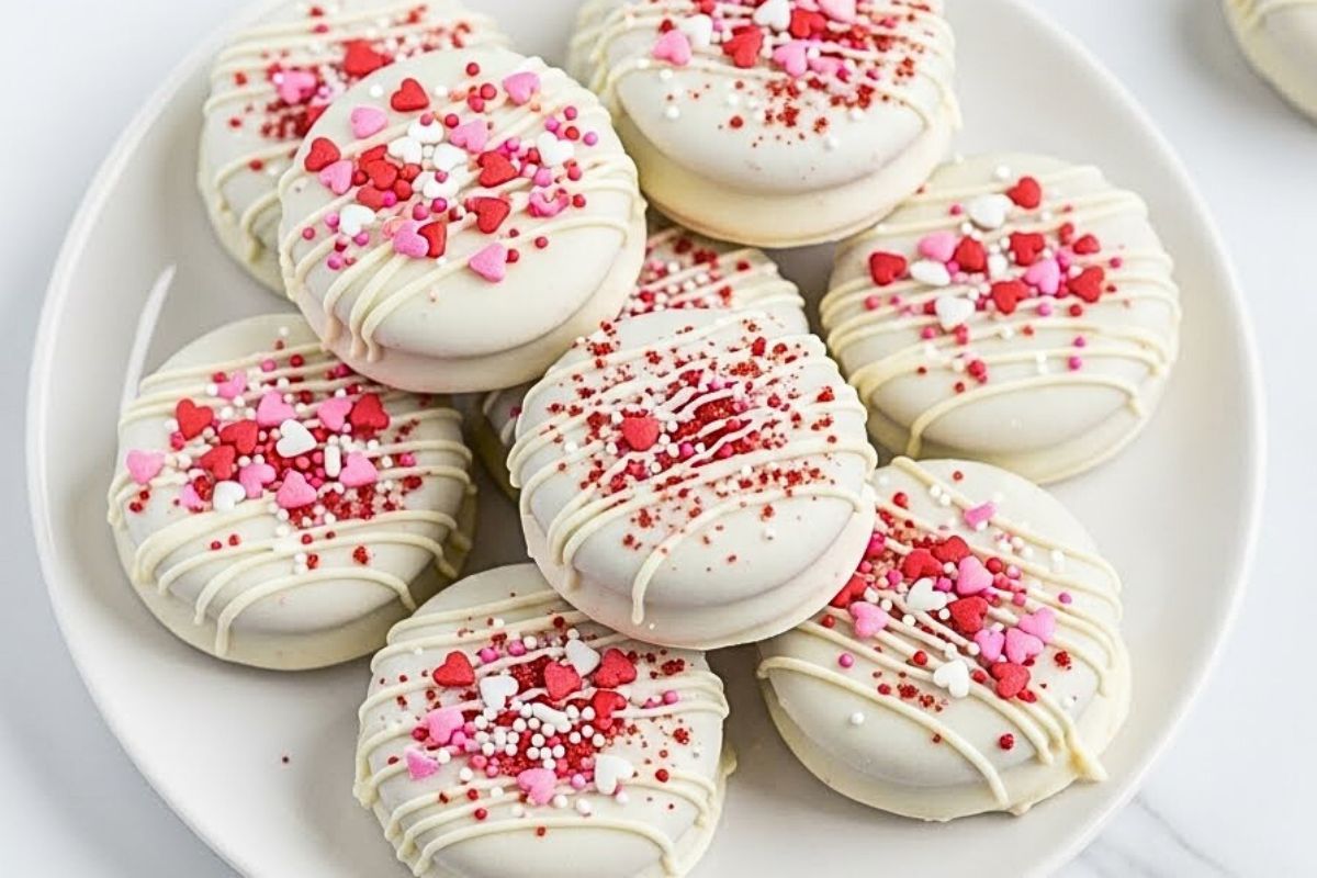 Valentine's Cookie Recipes - White Chocolate Dipped Red Velvet Oreos