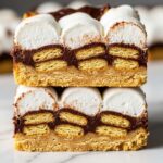 chocolate s’mores bars filled with large marshmallows and chunky graham crackers.